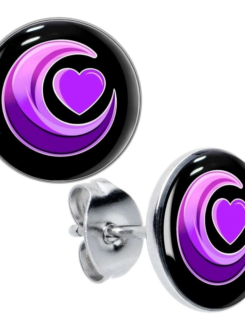 Crescent Moon Heart Stud Earrings